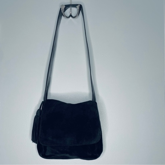 Lord & Taylor vintage boho hippie black leather and suede tassel shoulder bag - Picture 2 of 16